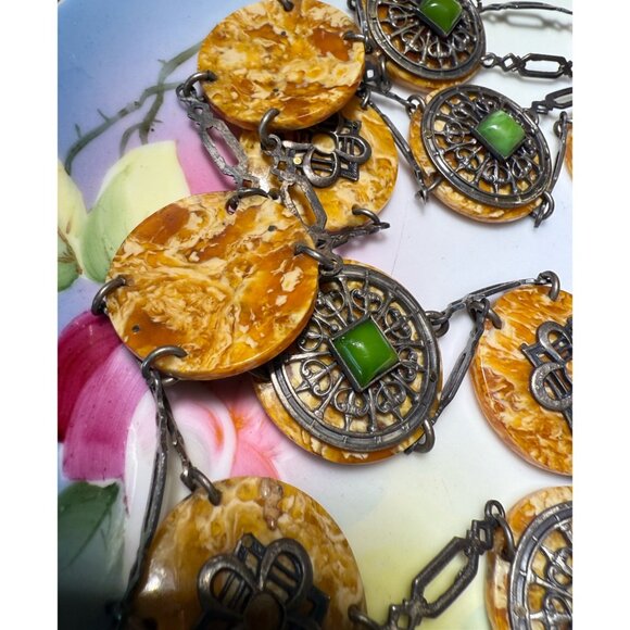 Antique 30's Celloid Circles Green Glass Silverplate women's Link Belt/Necklace - Picture 12 of 16